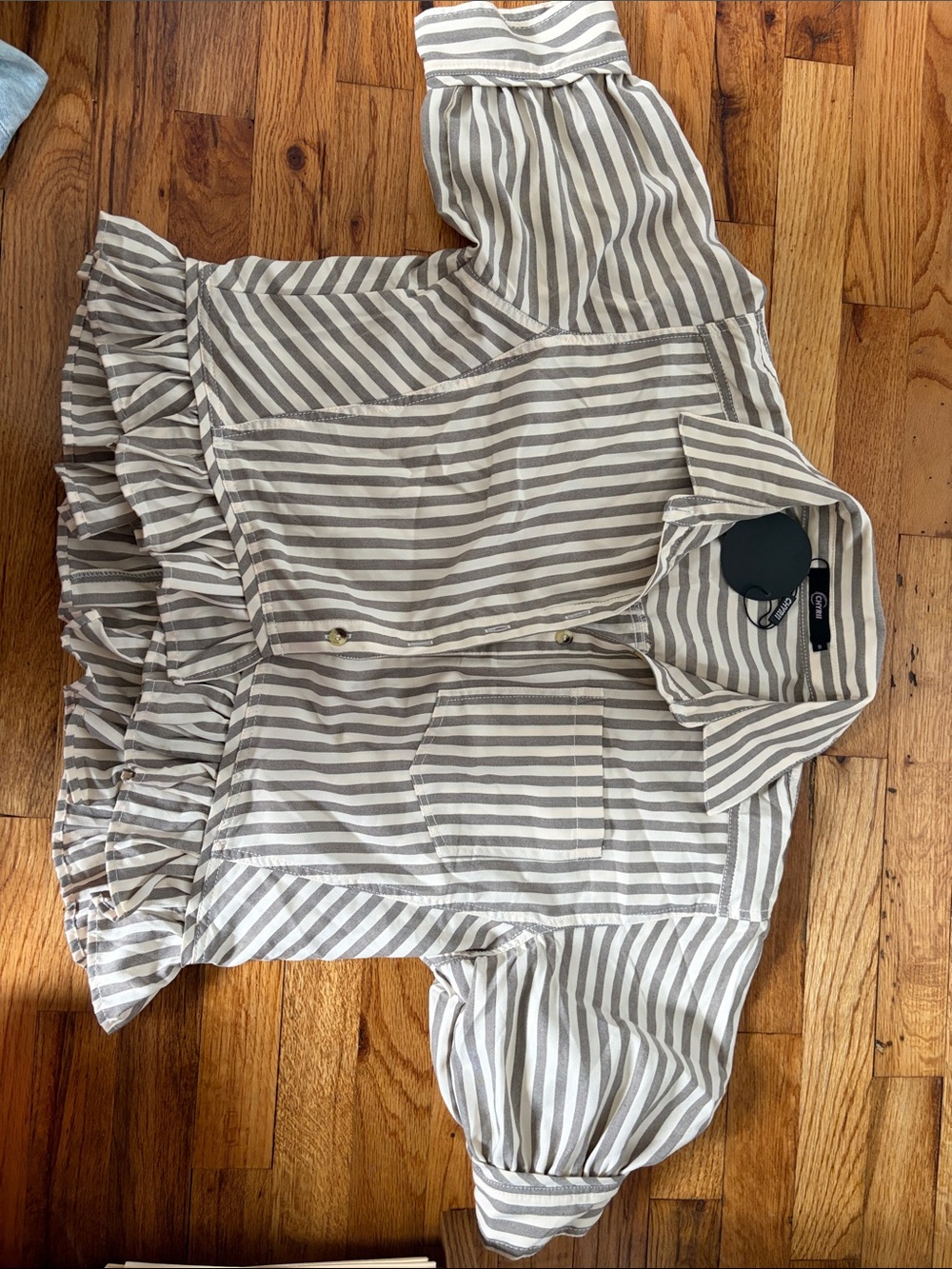 Striped Ruffle Hem Button-Front Blouse - Gray/White